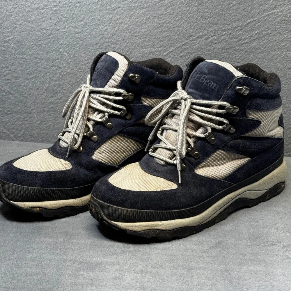 LL Bean Mens Primaloft Snow Boots Navy Blue Leather Winter 12 Wide ND71 06